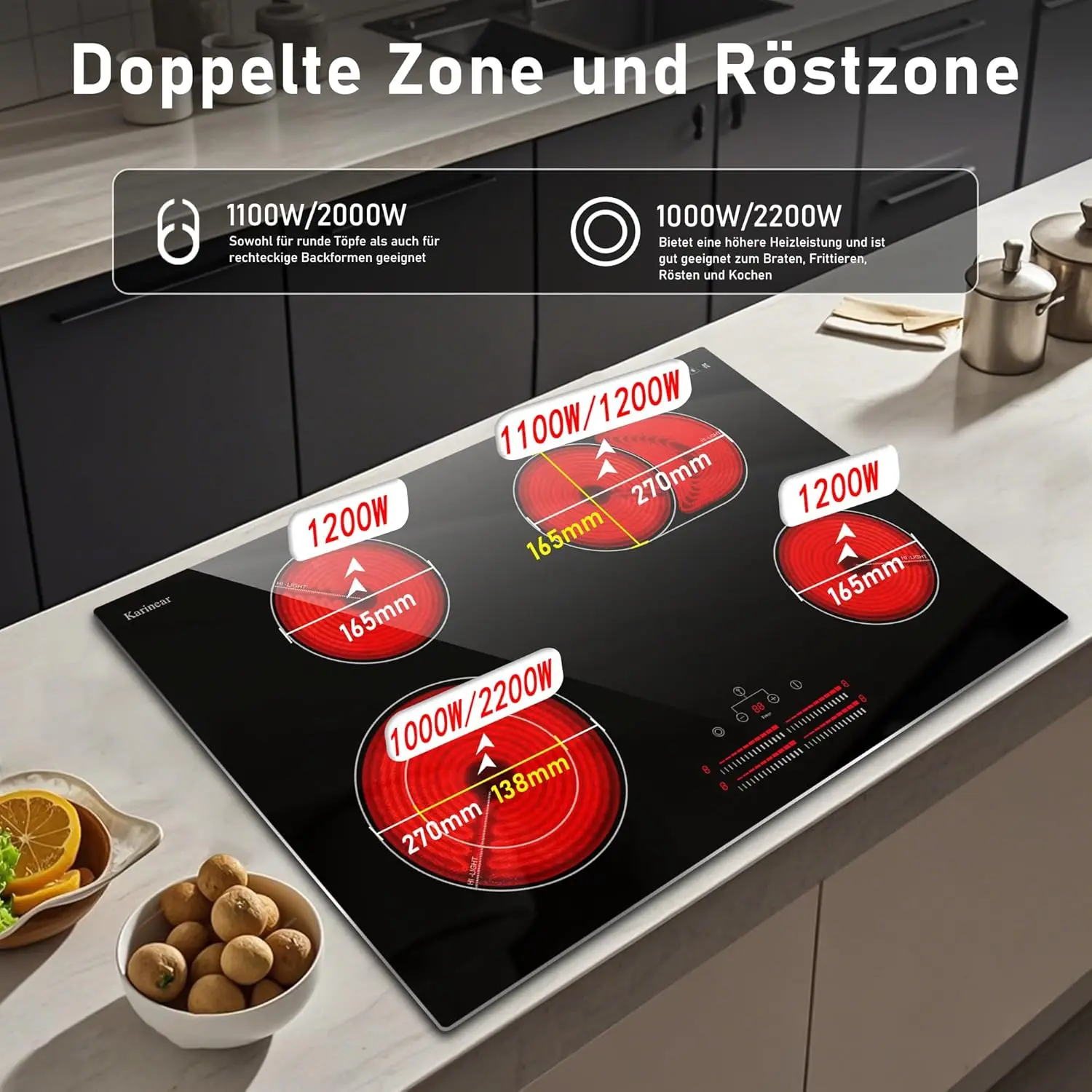 Karinear Placa vitrocerámica 4 fuegos 77 cm, Control deslizante, zona de expansión de doble bucle, 9 niveles de potencia, temporizador, cierres de seguridad