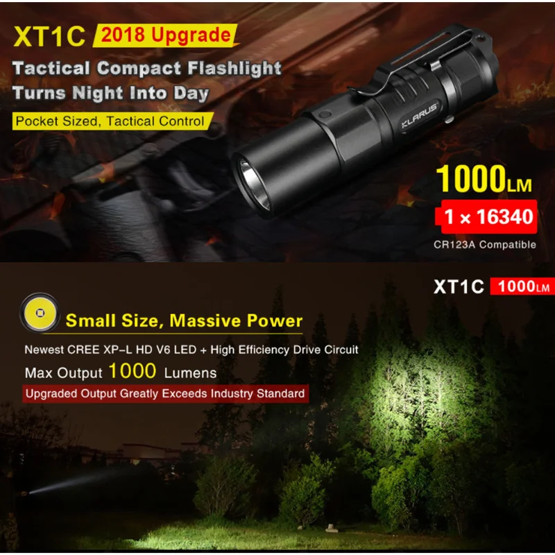 KLARUS XT1C Tactical Flashlight XP-L HD V6 max 1000 Lumen EDC Light Dual-Switch Torch Micro-USB Charging 16340 li-ion Battery