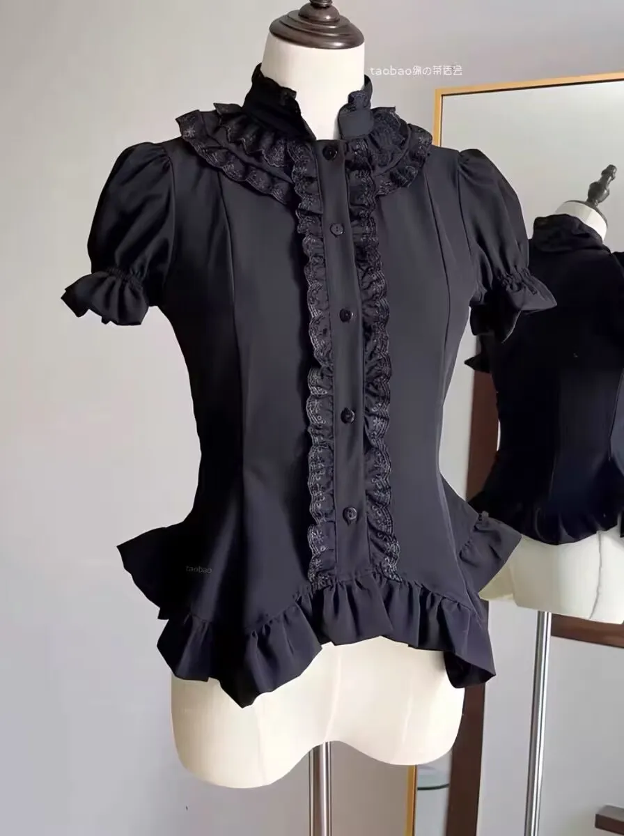 Harajuku خمر القوطية لوليتا نمط قمصان النساء الجمالية الفيكتوري الكشكشة مضيئة كم بلوزة Y2k بلايز أنثى شيك JK القمصان