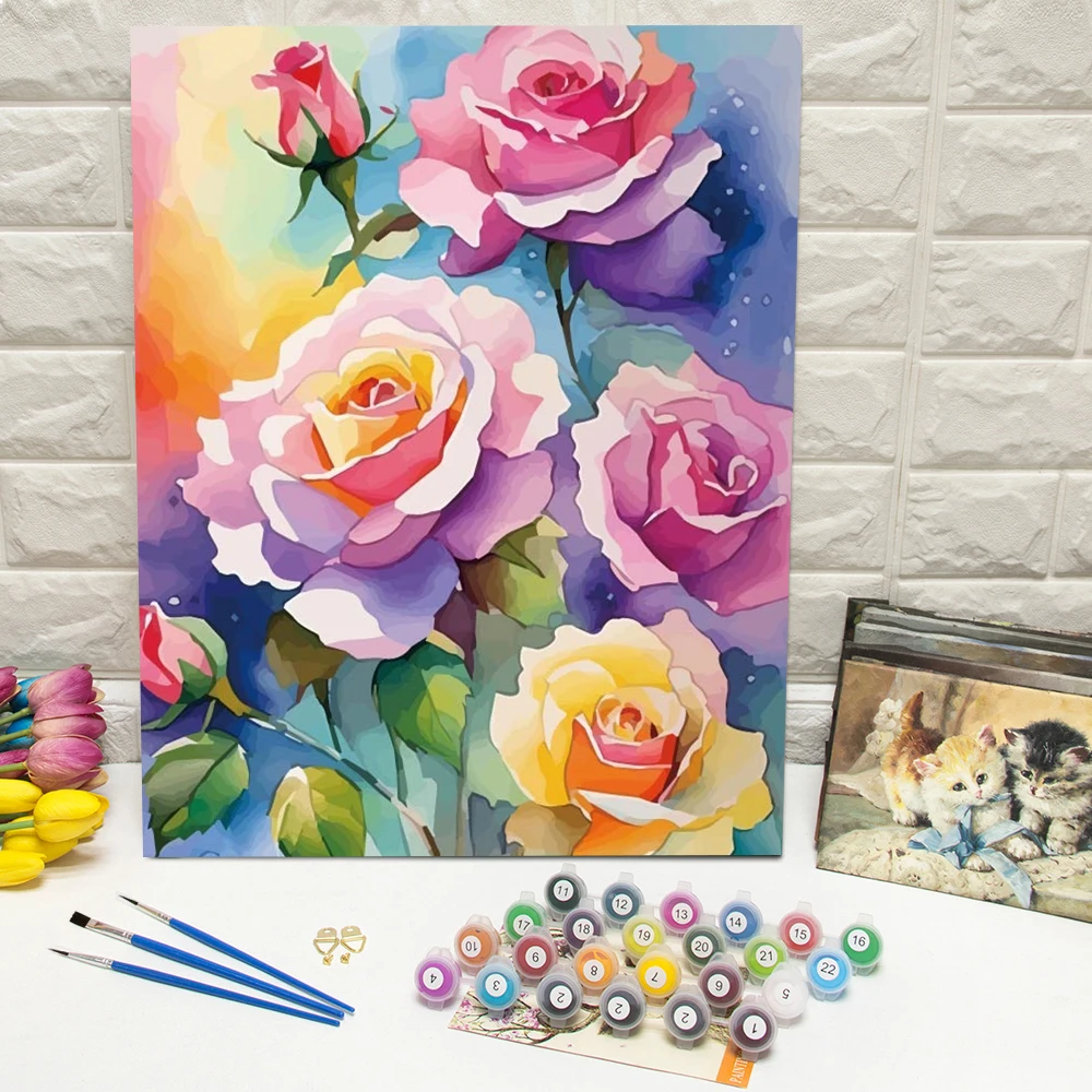 Huacan DIY Ölgemälde nach Zahlen, Blumen-Digital-Ölgemälde, Rose, handgemaltes Leinwandgemälde, Heimdekoration für Wohnzimmer