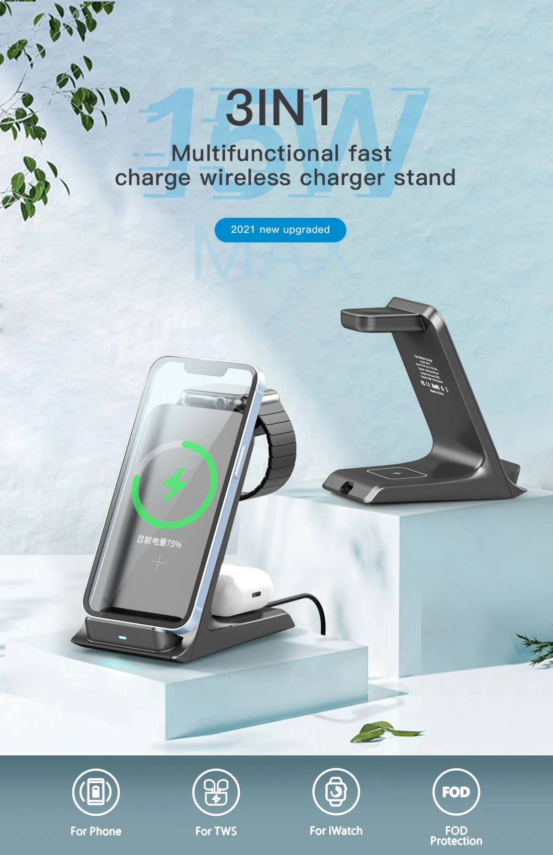 

3 In 1 15W Wireless Charger Stand Dock for Iphone 16 15 14 13 12 11 Apple Watch 8 7 Airpods Induction Fast Charging Station