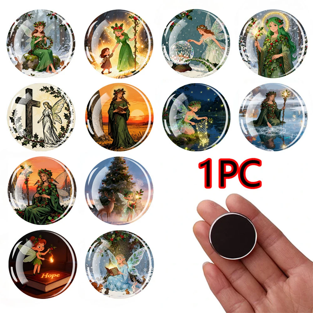 1PC 30MM Christmas Holly Fairy Dome Glass Circular Refrigerator Sticker Christmas Holly Fairy Home Decoration Christmas gift