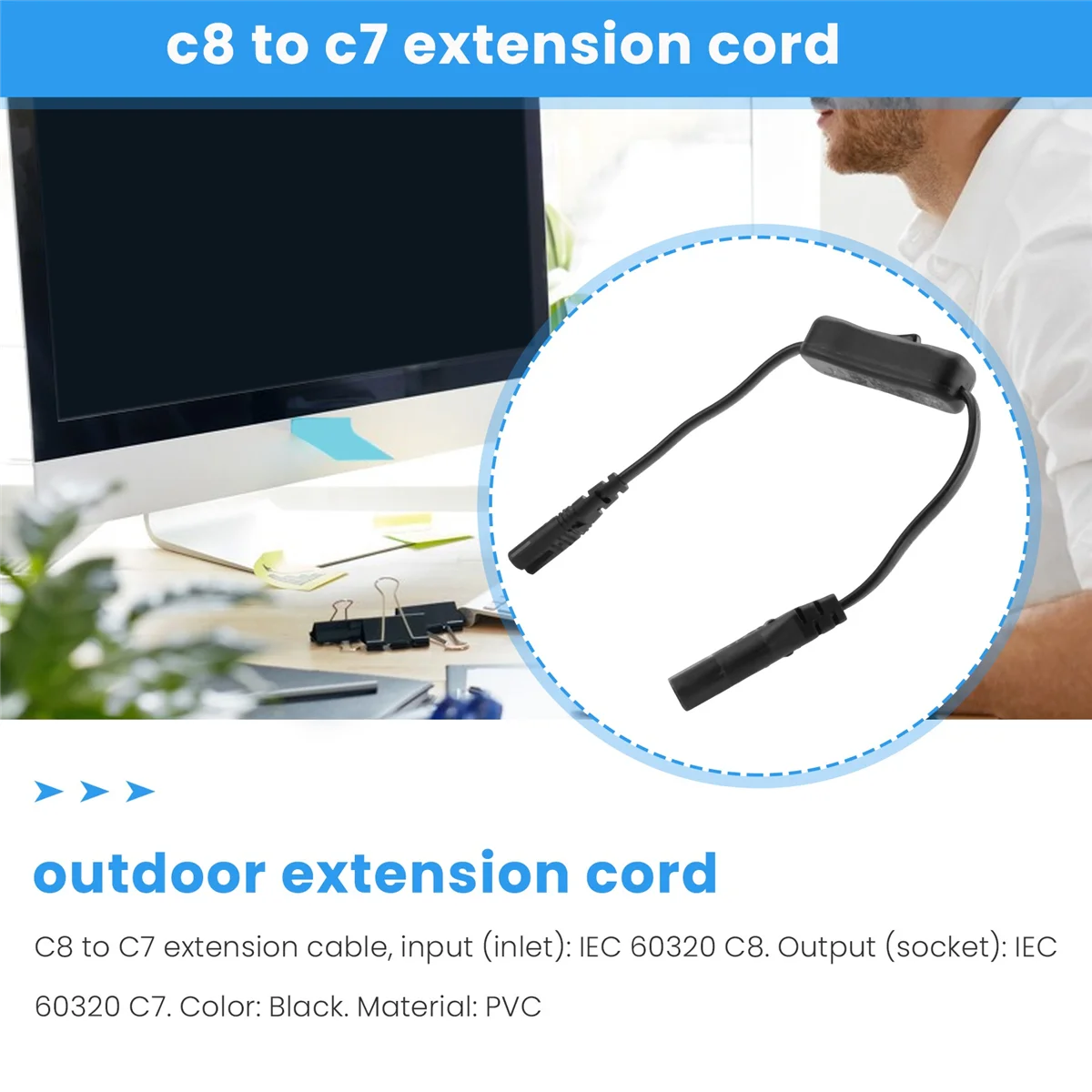 Power Extension Cord, Iec320 C7 to C8 Power Adapter Extension Cord with Switch Control with "8" Interface
