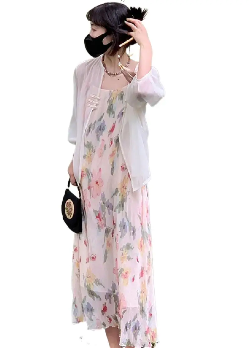 

Summer Chiffon Women Suspender Dress Romantic Floral Print O-Neck A-Line Loose Waist Gentle Sweet Girlish Temperament Vestidos