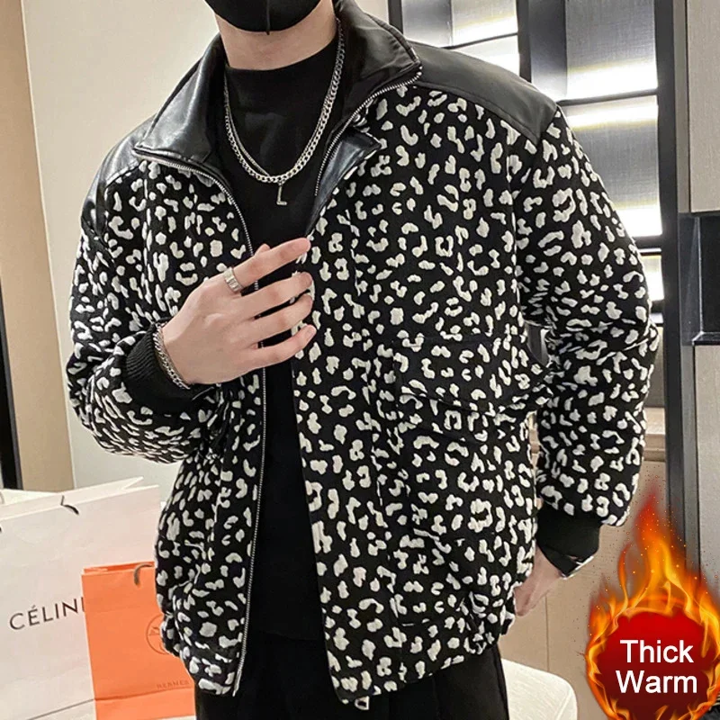 Vintage Leopard Pattern Splicing Thickened Warm Jacket Pu Leather Stitching Winter Men Manteau Homme Hiver