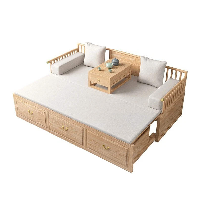 

Zen antique new Chinese style, ash wood retractable sofa bed, small apartment multi-functional storage