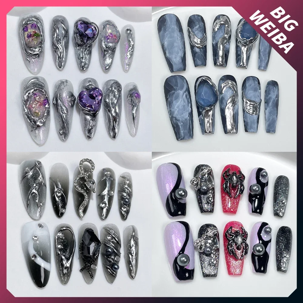 

10Pcs Handmade Dark Punk Goth Press On Nail Art Cat's Eyes Shine Brightly Spider Snake Acrylic Fake Nails Birthday Gift Nails