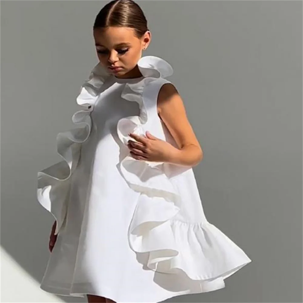 Space Cotton white Girl's Dress Sleeveless Ruffle Edge Tank Birthday Party Dress