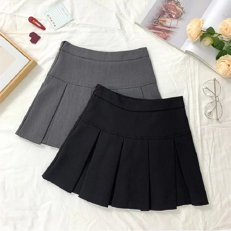 Vintage Gray Pleated Skirt Women Kawaii High Waist Mini Skirts Korean Fashion School Uniform Harajuku Streetwear Spring
