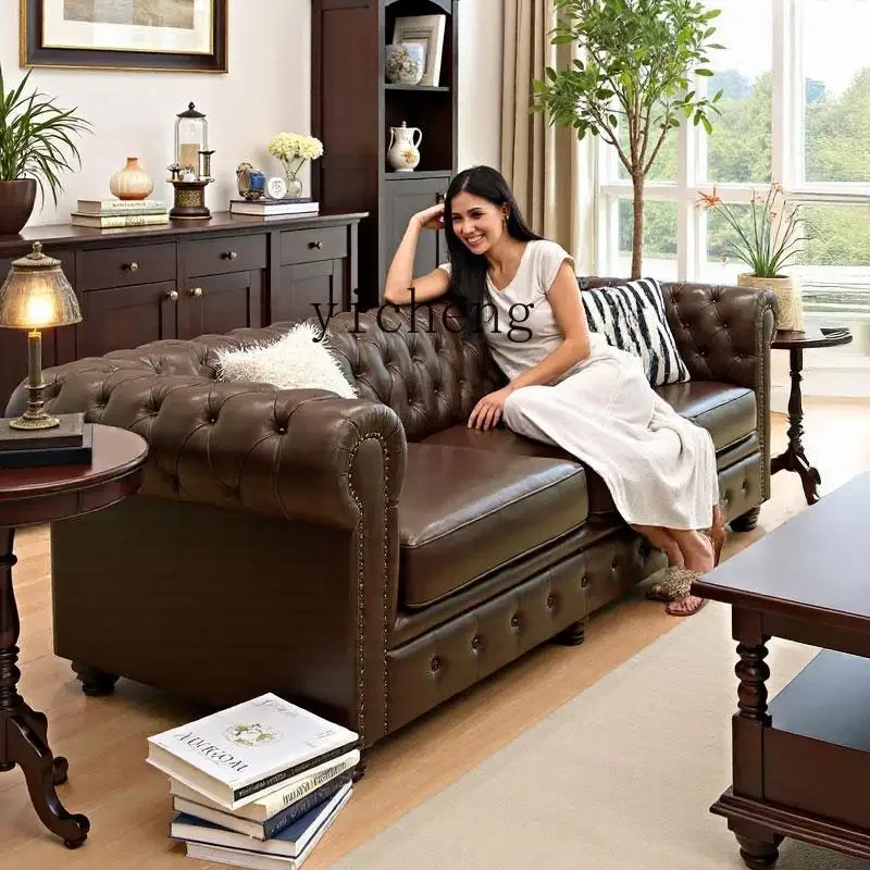 x4  retro leather sofa first layer cowhide living room pull button double three-person sofa combination size apartment