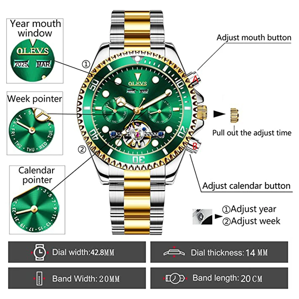 OLEVS Automatic Mechanical Watch for Men 42.8mm Big Dial Green Water Ghost Men\'s Wrist Watches Luxury Skeleton Noctilucent Watch