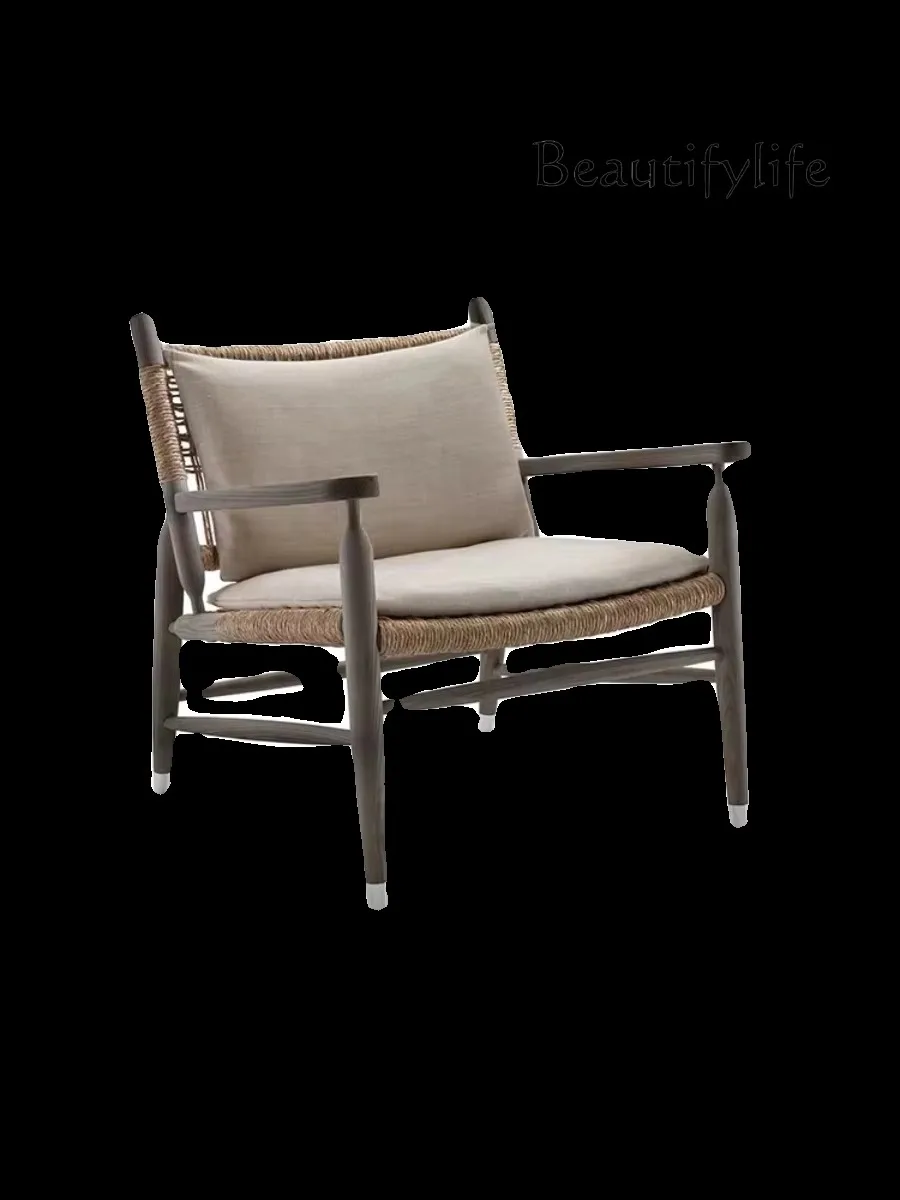 X36 Nordic Solid Wood Antique Outdoor Single Sofa Chair Simple Modern Leisure Chair Hemp Rope Weaving