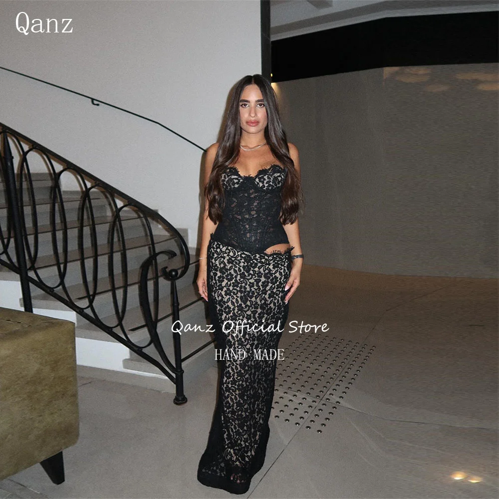 

Qanz Mermaid Black Lace Evening Dresses Sweeheart Appliques Vestidos De Fiesta Elegantes Corset Party Dresses Woman Customized
