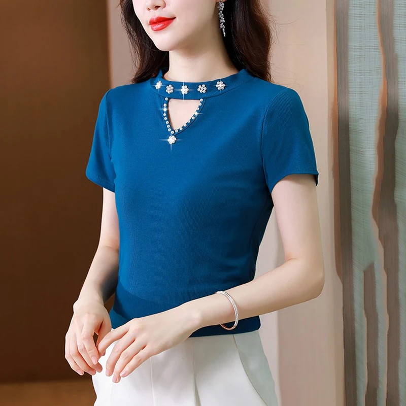 아이스 실크 모달 또는 스웨이드 니트 티셔츠 여성 슬림핏 베이스 티셔츠 여름 신상 캐주얼 클래식 라운드 넥 탑