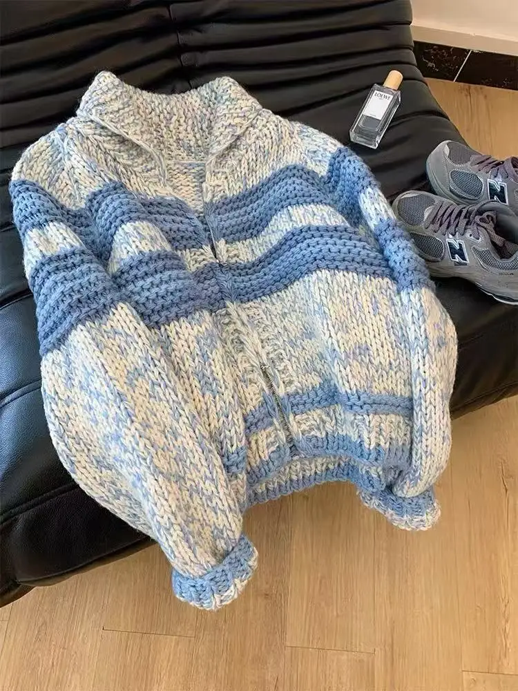 

Women's Coarse Yarn Double Zipper Stripes Sweatshirt Knitted Cardigan Spring Autumn Female Long Sleeved Knit Thin Coat