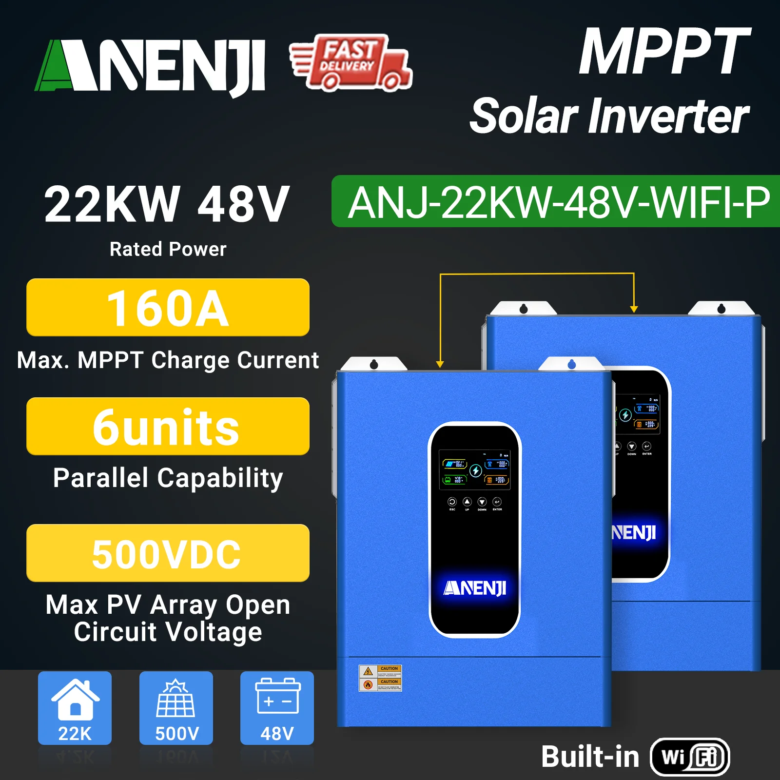 ANENJI 22 kW Solarwechselrichter Hybrid 48 V 220 V MPPT-Wechselrichter Parallel 6 Max Wechselrichter Solar Apabrido für PV-Solarpanel Solarenergie