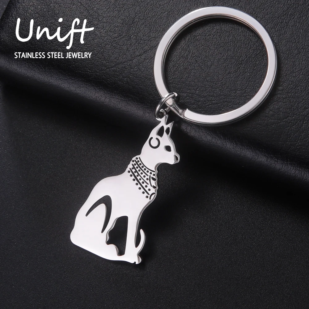 Unift Egyptian Cat Keychain Stainless Steel Key Chain Mystic Occult Egypt Keyring Jewelry Bag Accessories for Women Men Gift