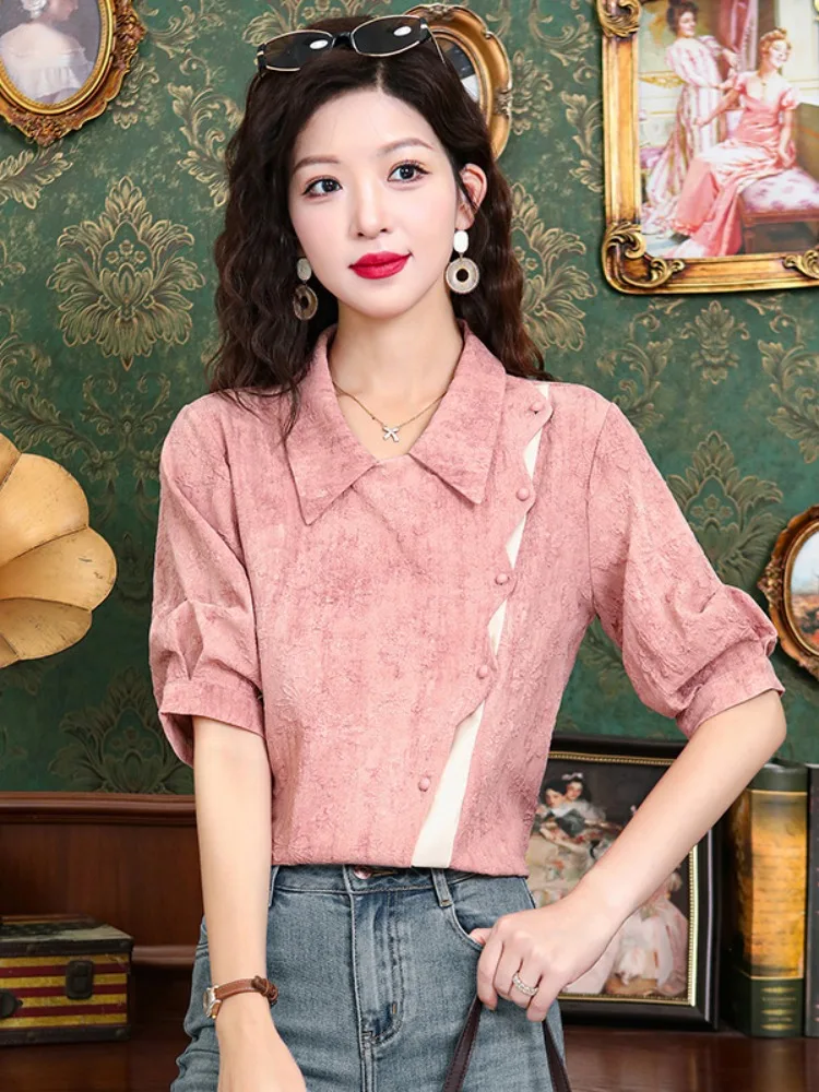 

Ele ort Sve Collar irt for Women Sli Unique Design High End Color Blo Summer Faion Top