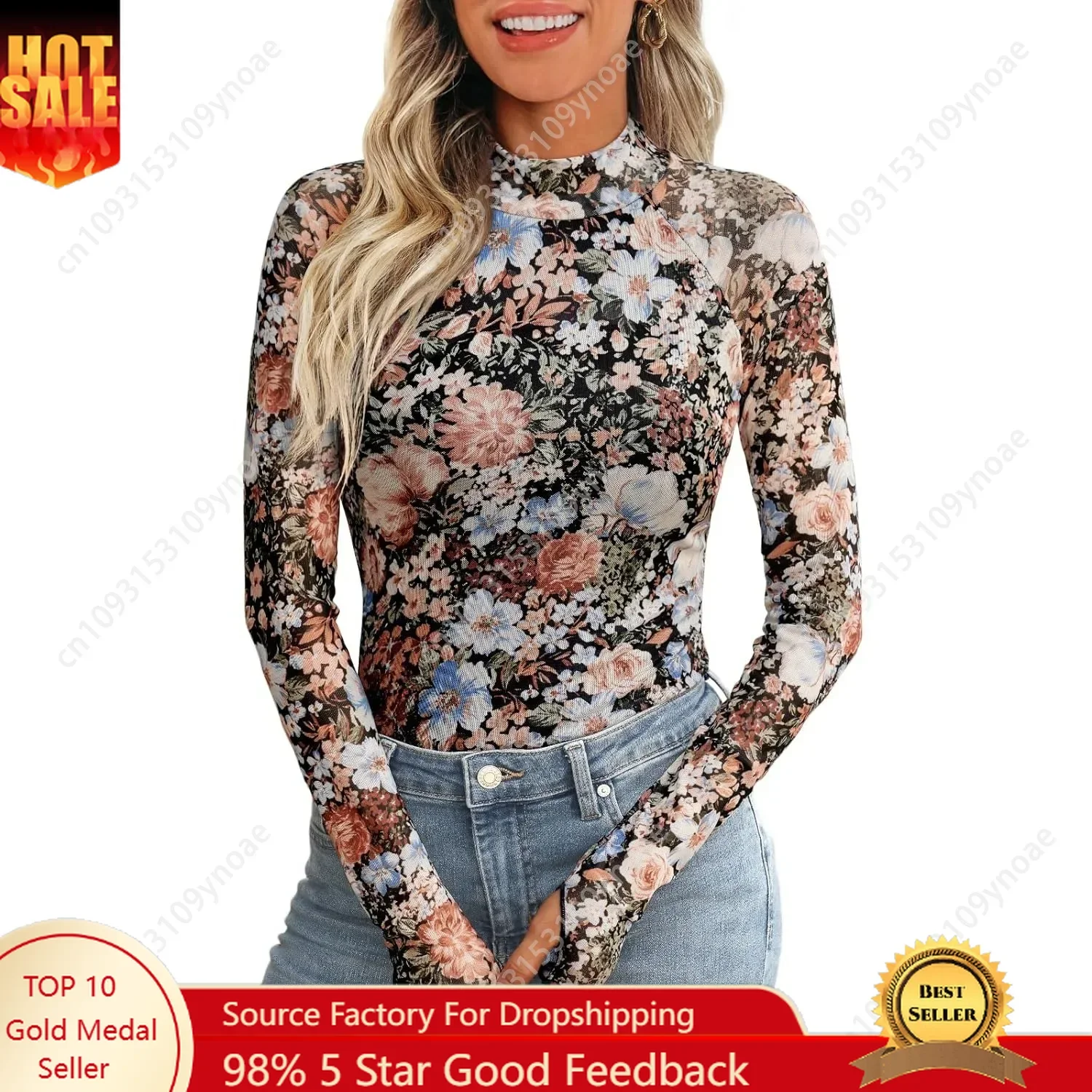 

Vintage Floral Lace Top Sexy Women High Neck Mesh T Shirts Slim Fit Bottoming Shirt Thumb Hole Polyester Tops Fashion Pullover