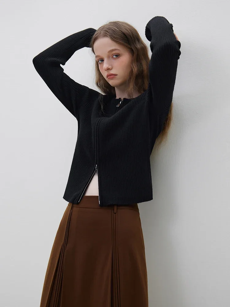 FSLE Wool Knitted Cardigan Women\'s Autumn Winter 2023 New Vintage Round Neck Sweater Coat Office Lady Casual Loose Sweater