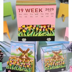 Desk Calendar 2025 Calendar Memo Pad With Light Windmill Tulip Creative Desk Calendar DIY Notes Notepad 3D Art Calendar Paper