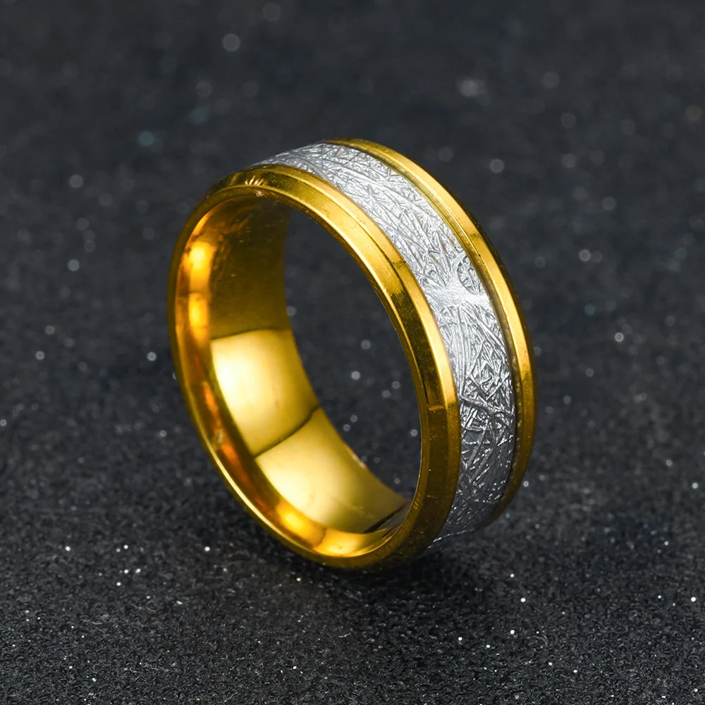 Men's 8MM Meteorite Stone Pattern Inlaid Silver Stainless Steel Ring Engagement Wedding Band for Cocktail Party High Jewelry