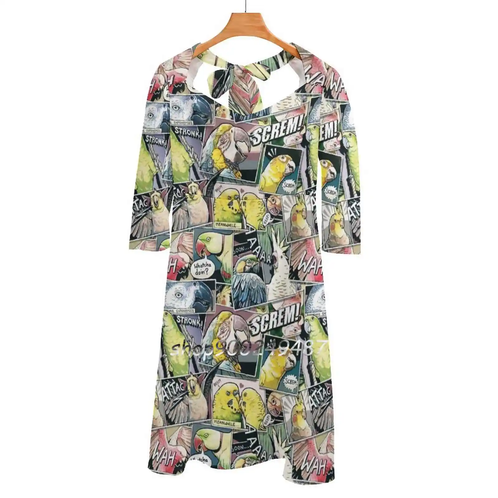 

Parrots Comic Style Sweetheart Knot Flared Dress Fashion Design Large Size Loose Dress Parrot Parrots Birb Birbs Bird Birds