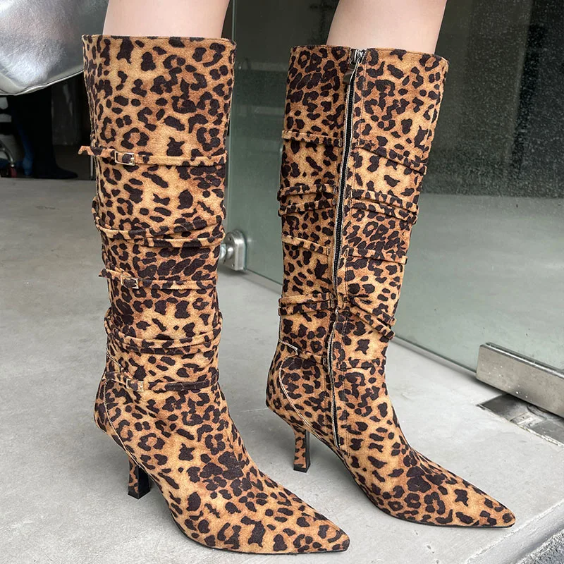 Big Size Fashion Leopard print Footwear Women Knee High Boots Female Designer Pointed Toe Ladies Long Modern Booties Heels Shoes