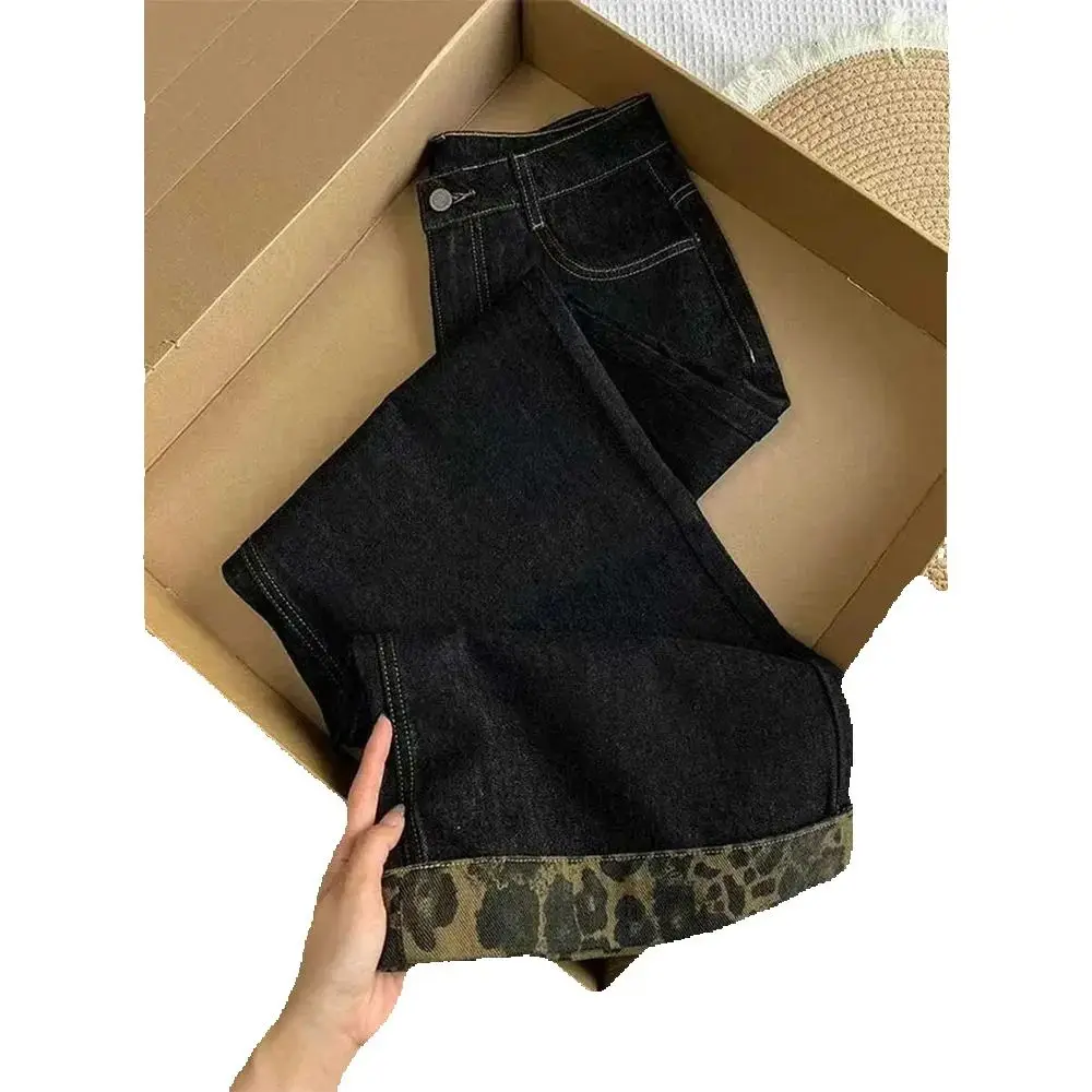 

Oversized Wide Leg Pants for Women Spring Autumn Retro High Waist Leopard Print Jeans American Style Straight Loose Denim Pants