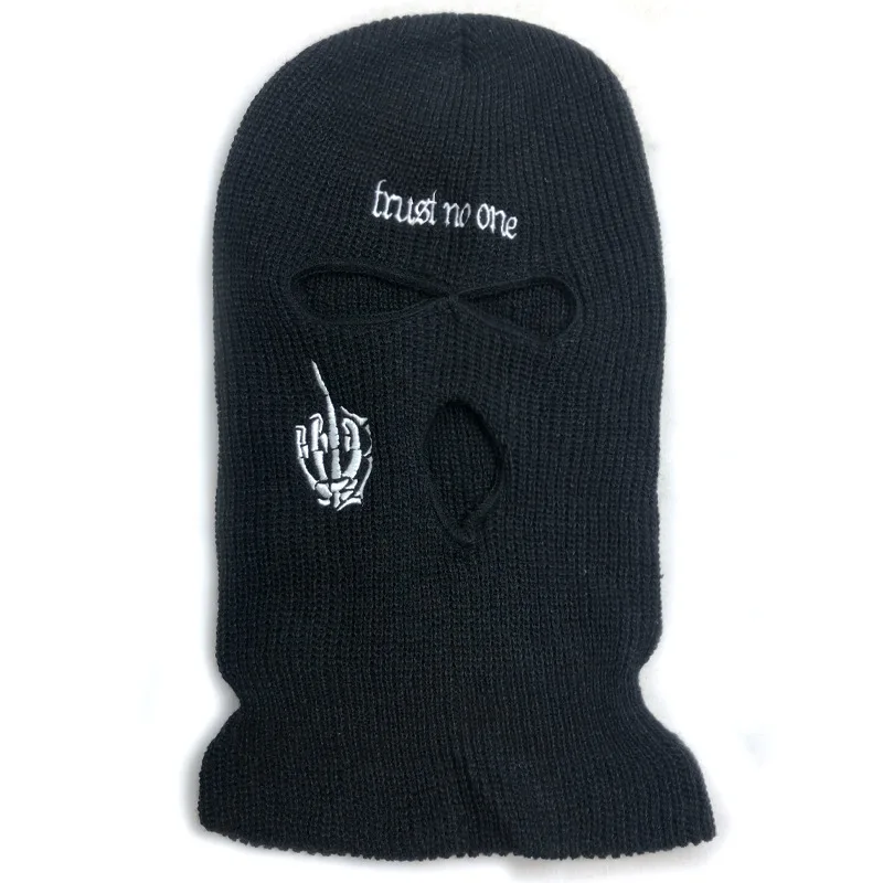 Men women Solid long beanie hat 3 holes embroidery skullies cap with Face mask cover Balaclava Ski cycling Knitted hat