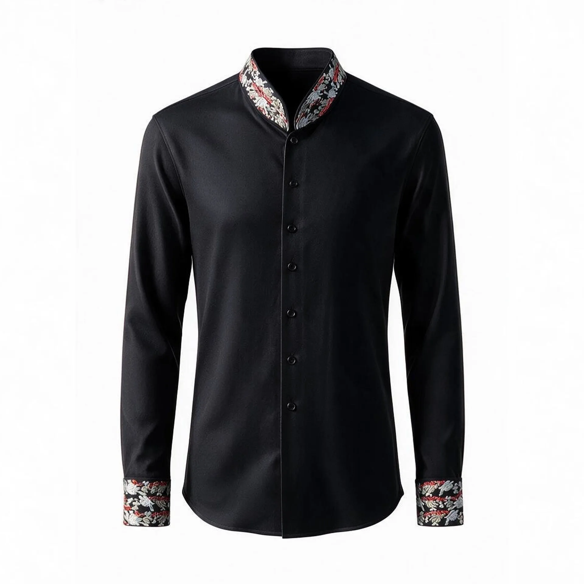 Luxury Stand Collar Embroidered Shirt Men Long Sleeve Solid Color Casual Shirts Business Social Party Dress Shirt Men Clothing