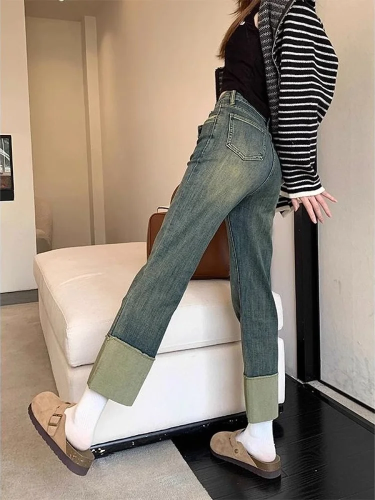 High Waist Straight Leg Vintage Roll up Jeans Women's Summer plus Size Slimming Nine Patchwork ing Pants