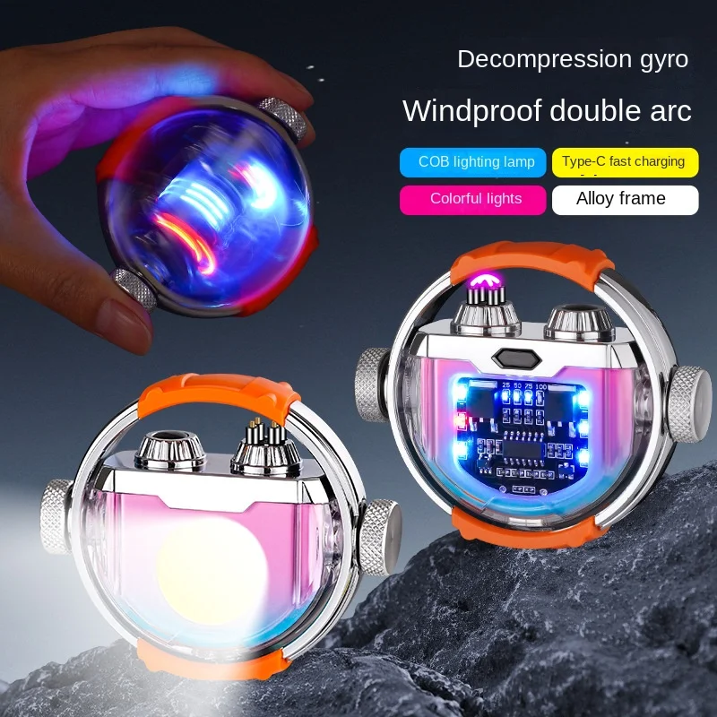 New Decompression Gyro Lighting Dual Arc Windproof Metal Lighter Type-C Charging LED Display Power Cool Creative Lighters