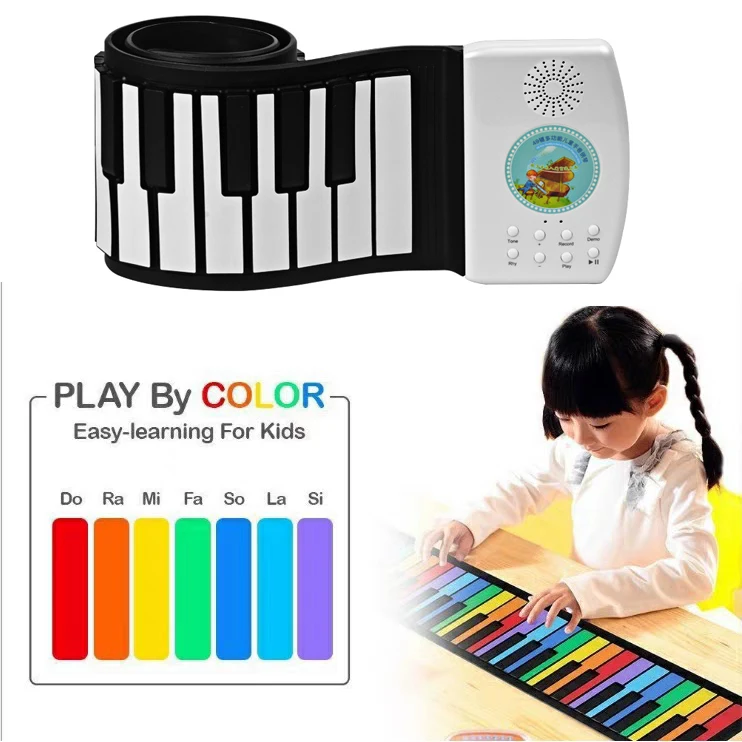 

Rainbow Color Hand-roll piano keyboard Waterproof 49 Keys piano toy for kids music toy Piano Silicone Rechargeable Kids Child