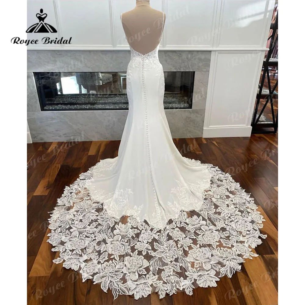 Vestido de novia de encaje Floral con tirantes finos para mujer, vestido de sirena/trompeta con cuello redondo, Espalda descubierta, Fiesta Sexy, 2023