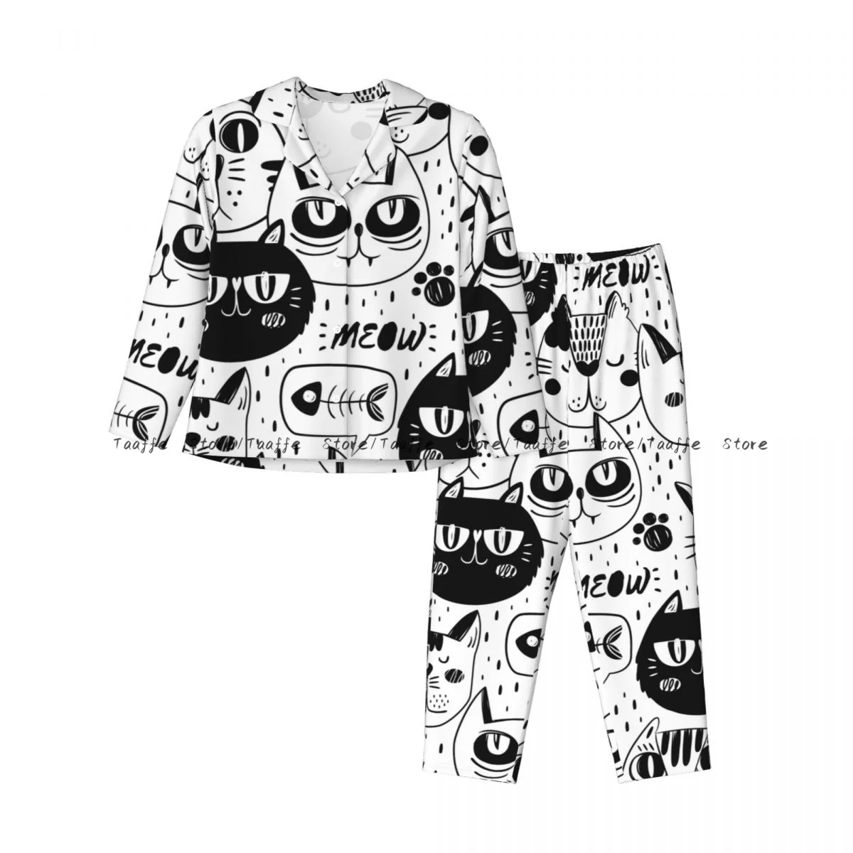 Women Sleepwear Loungewear Cat Faces Long Sleeve Lapel Neck Shirt and Elastic Waist Pants Pajamas Set