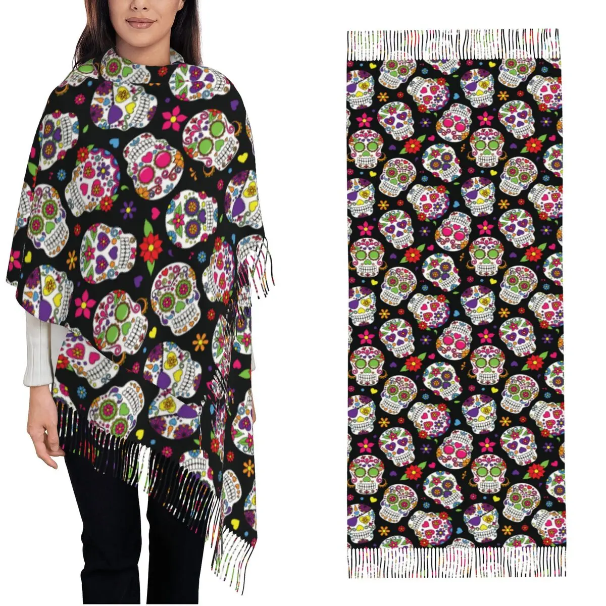 

Women's Scarf with Tassel Mexican Day Of The Dead Sugar Skull Calavera Shawl and Wrap Mexico Dia De Los Muertos Pashmina Scarves