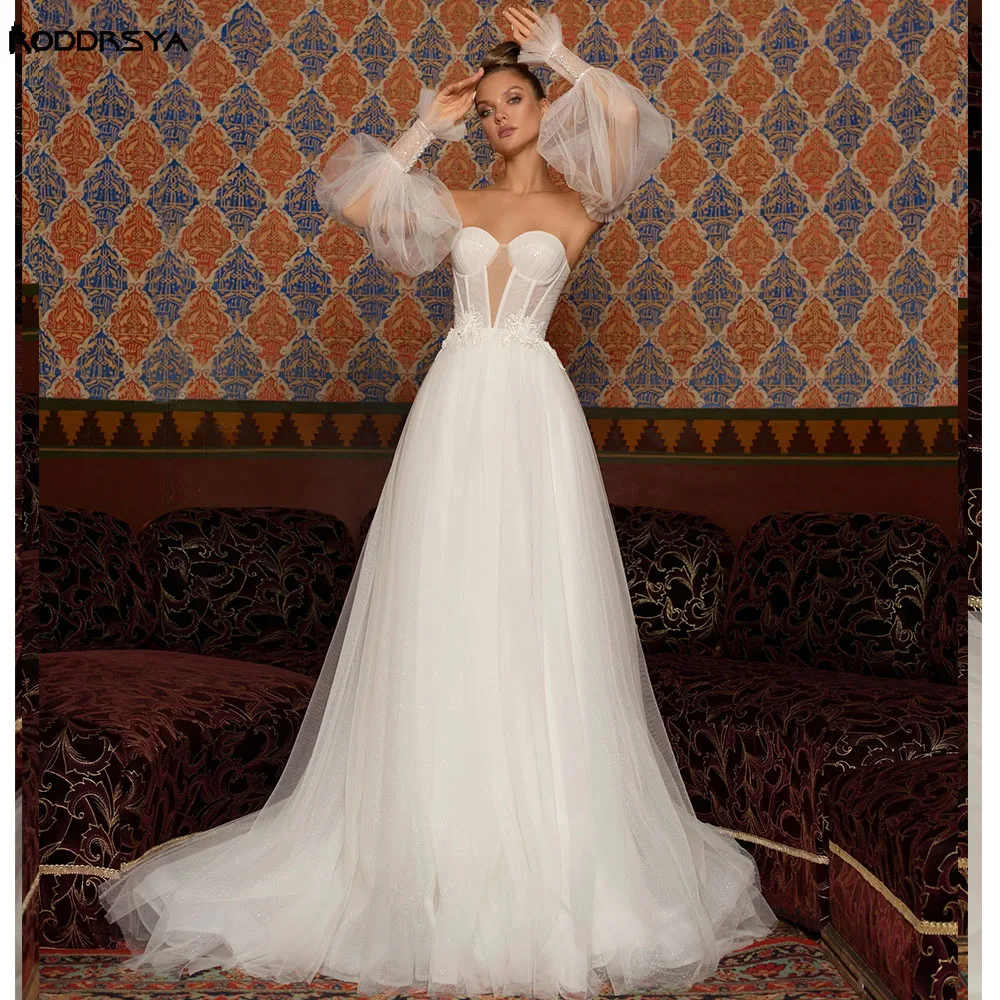 RODDRSYA Tulle Ruffles Strapless Sweetheart Wedding Dress with Removable Puff Long Sleeves A-line Vestido De Noiva Sweep Train