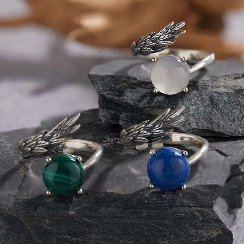 S925 Sterling Silver Natural Malachite Blue Gold White Agate Color Baotai Silver Ring Women's Niche Feather Design Open Ring