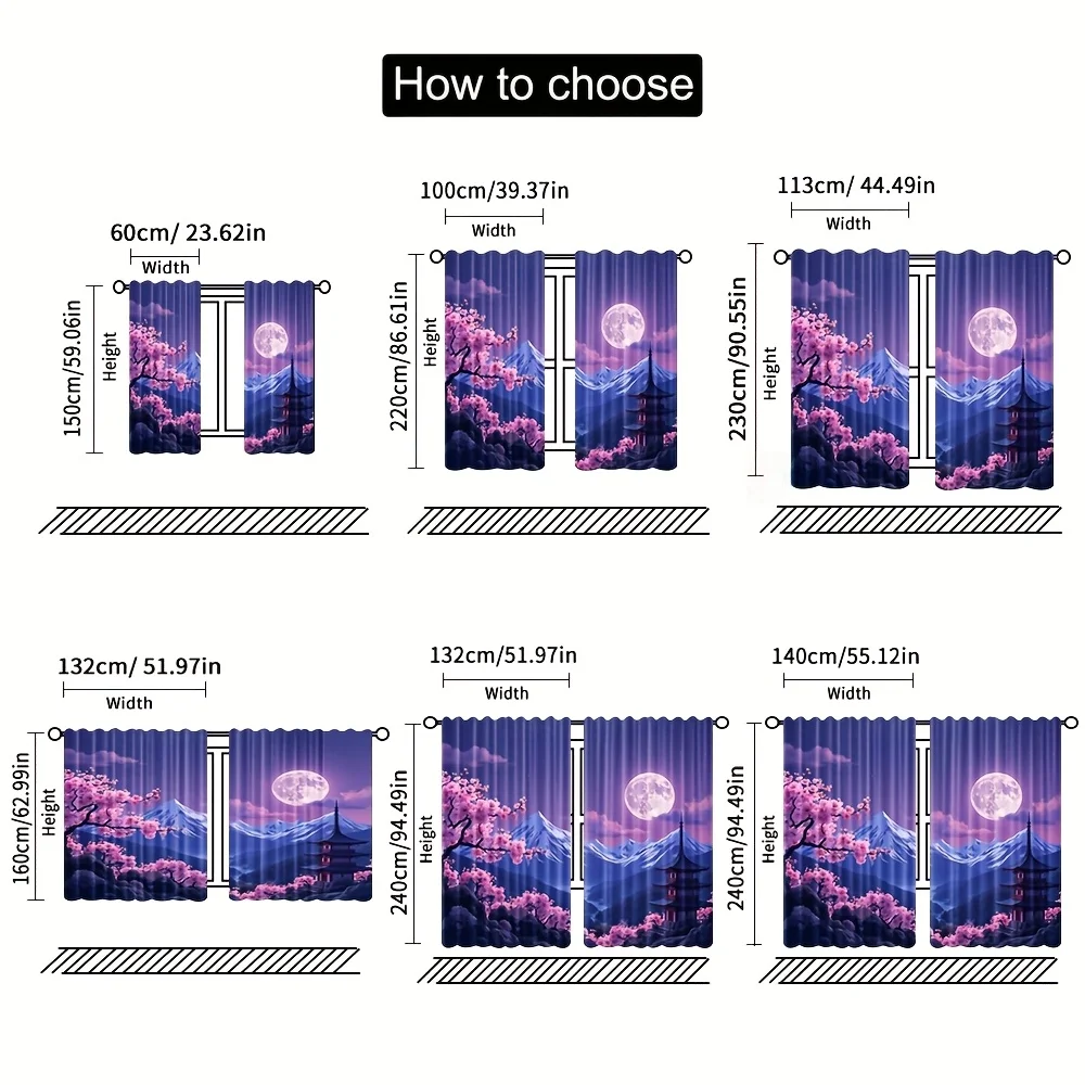 2pcs Japanese Landscape Curtains Fuji Mountain Moon Pagoda Print Drape Asian Style Window Treatment Zen Bedroom Home DecorPanels
