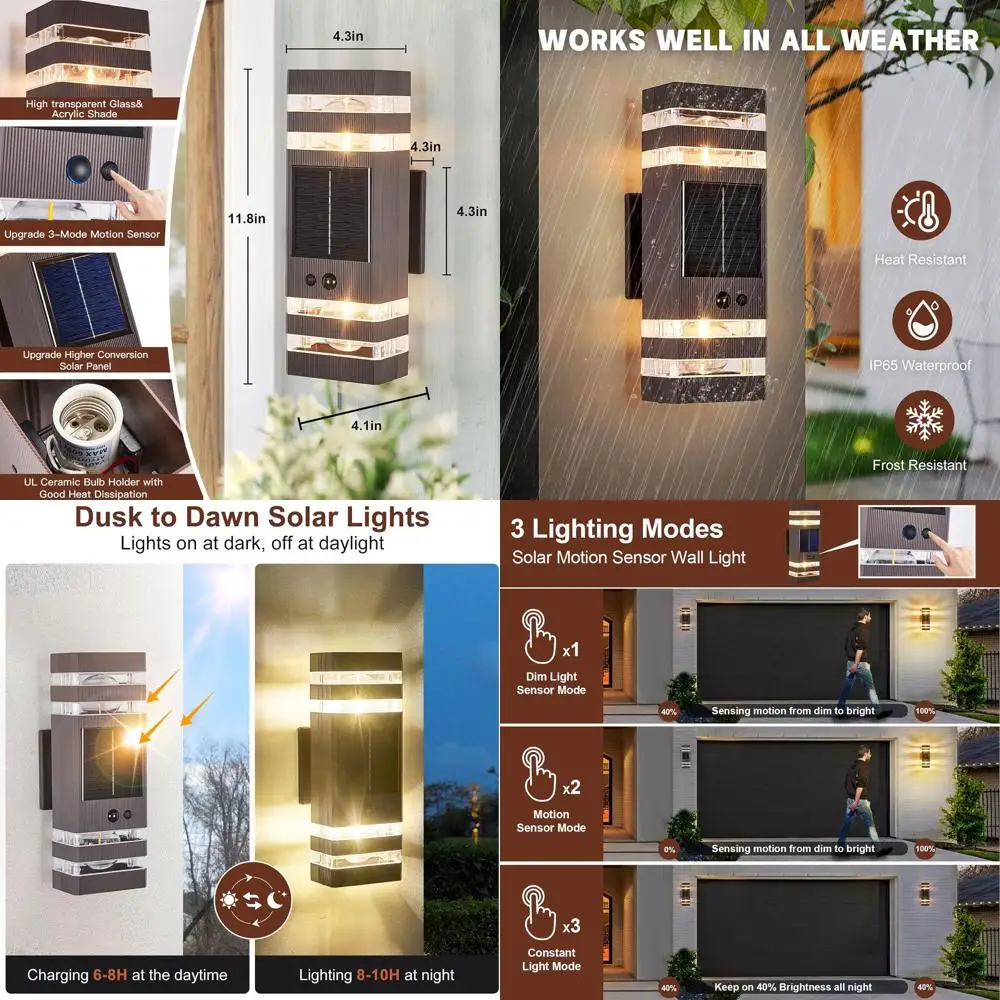 

Solar Outdoor Wall Lights with 3-Mode Sensor, Oil Rubbed Bronze, 500 Lumens, 3000K Warm Light, Suitable for House, Garage, and F