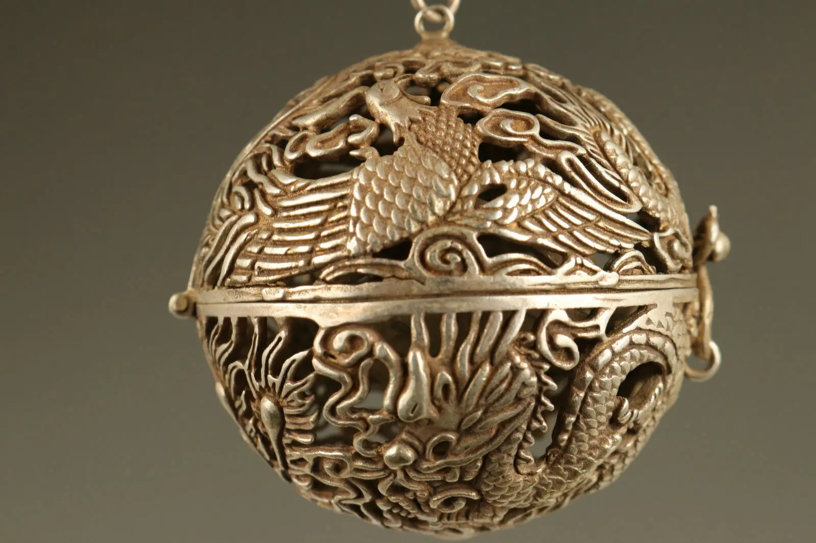 Tibet Silver Copper Hand Dragon Phoenix Statue Incense Box aromatherapy gift