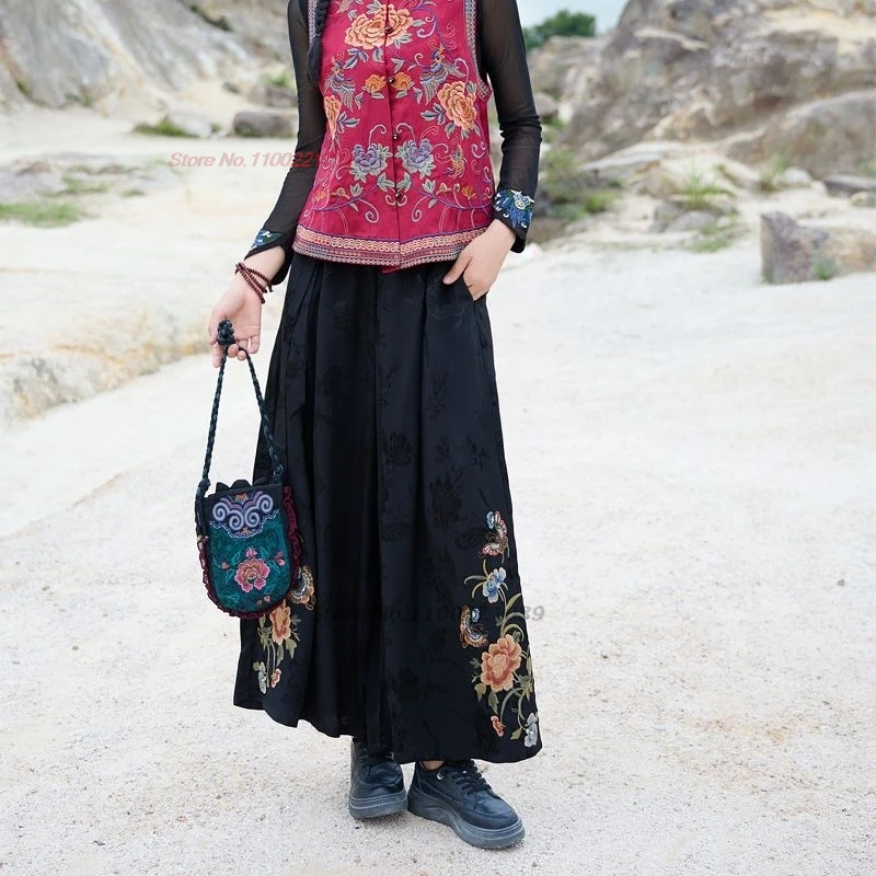 

2025 chinese vintage pants traditional flower embroidered loose pants retro elastic waist trousers satin jacquard folk pants