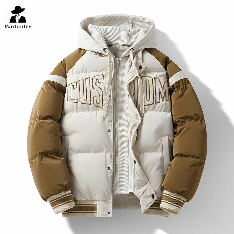 2024 inverno jaqueta com capuz masculino na moda casual destacável falso 2 peça parka unisex harajuku estudante grosso quente para baixo casaco de algodão