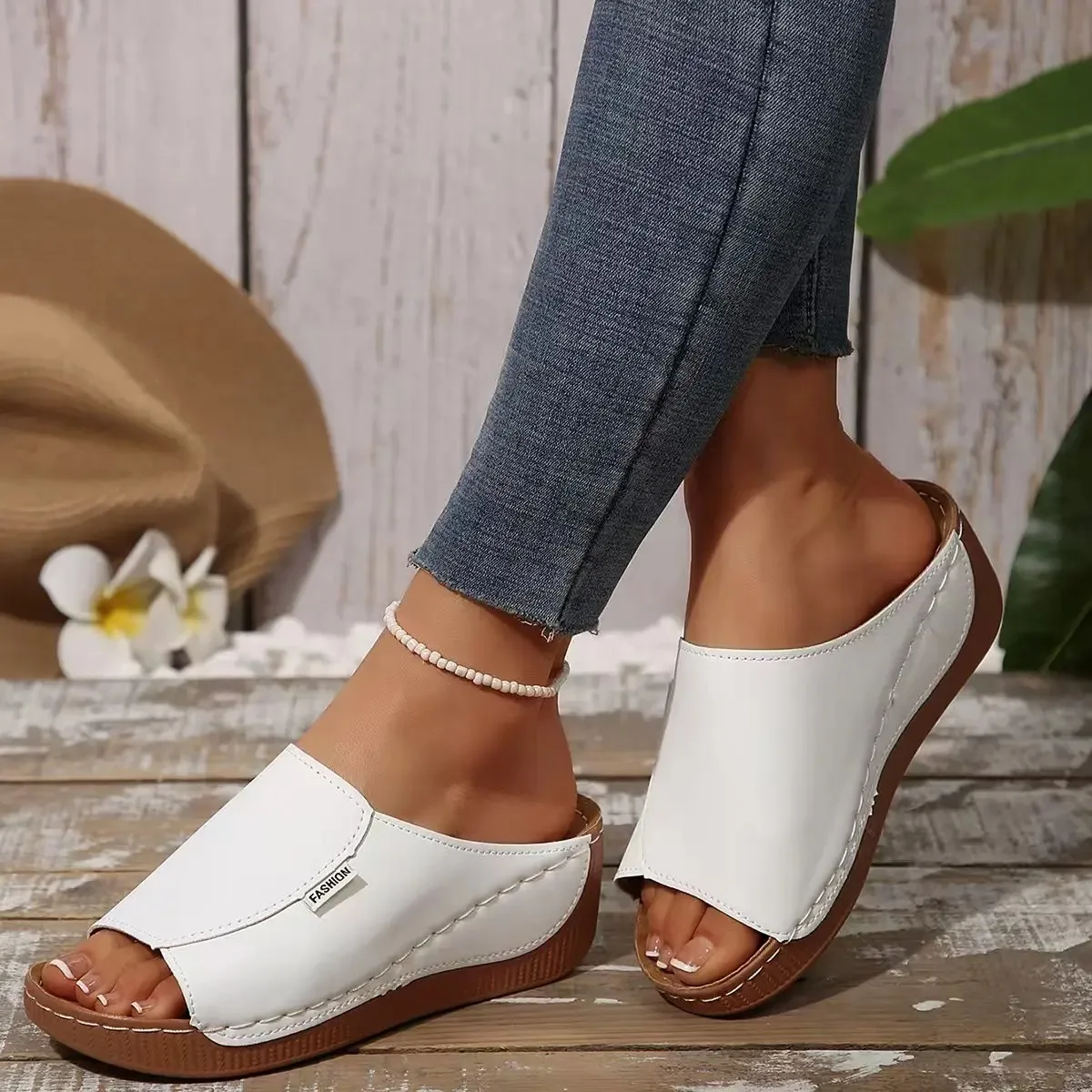 

YUYIN Summer Comfortable Slippers Ventilated Ladies Wear Wedge Heel Sandals Solid Color Open Toe Thick Soled Shoes Easy To Wear