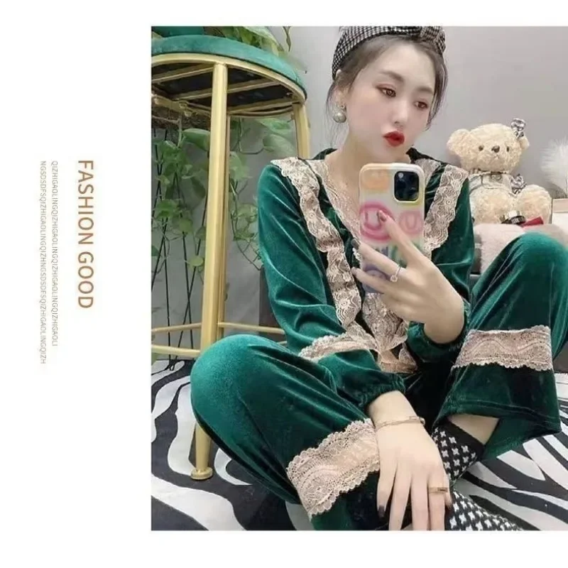 Autumn Winter Style Lace Nine-quarter Sleeve Top Wide Leg Pant Loungewear Homedress Leopard Print Canary Velvet Pajama Set Women