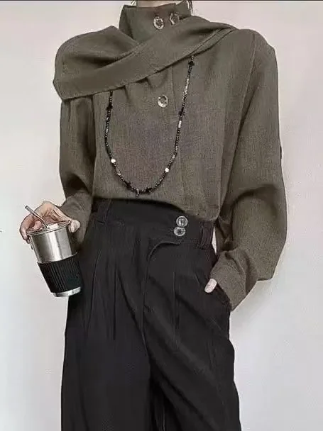 

Demythologized Gl f High Collar irt with Sa Restrained Sle ex Long Sve Polyester Fiber Casual irt