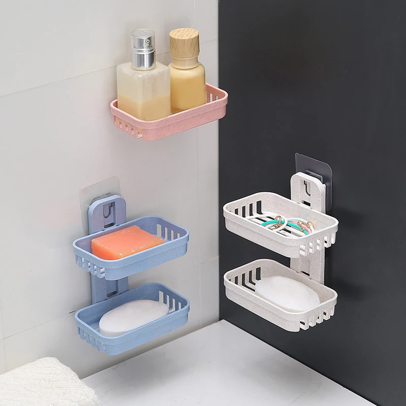 

Wall Mounted Double Layer Soap Dish Punch-Free Drawer Draining Holder Bathroom Organizer Rack Shelves Kitchen Sponge Storage Box