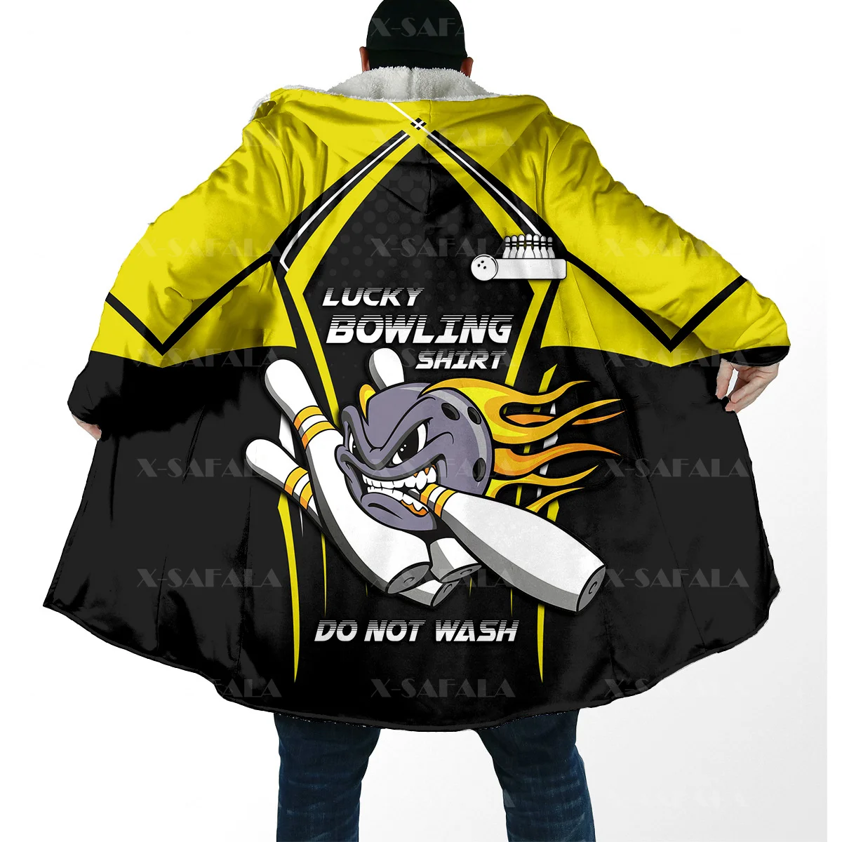 Bowling Lover Gift Skull Fire Ball Bowler Sports Thick Warm Hooded Cloak Men Overcoat Coat Windproof Fleece Cape Robe Blanket-5