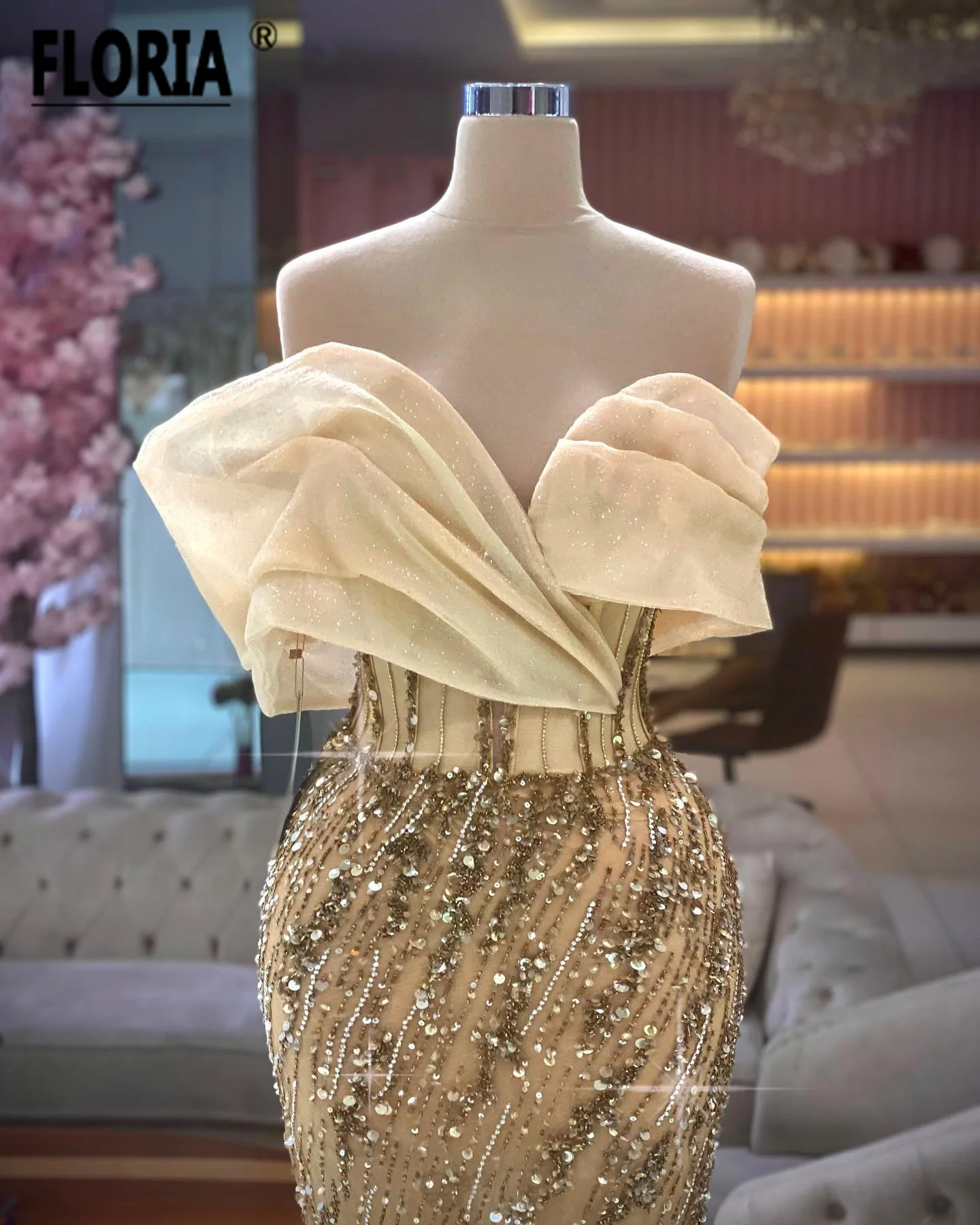 Robe De soirée De forme sirène, tenue De soirée scintillante en paillettes et perles, dorée, dubaï, sur mesure, robe De bal